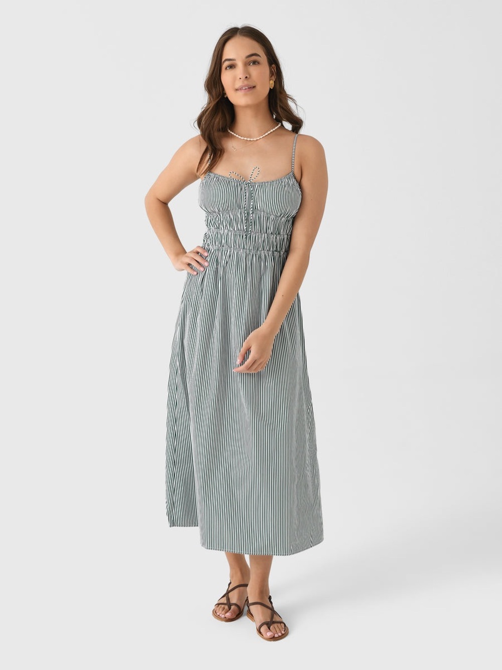 Faithfull the Brand Green and White Striped Midi Dress